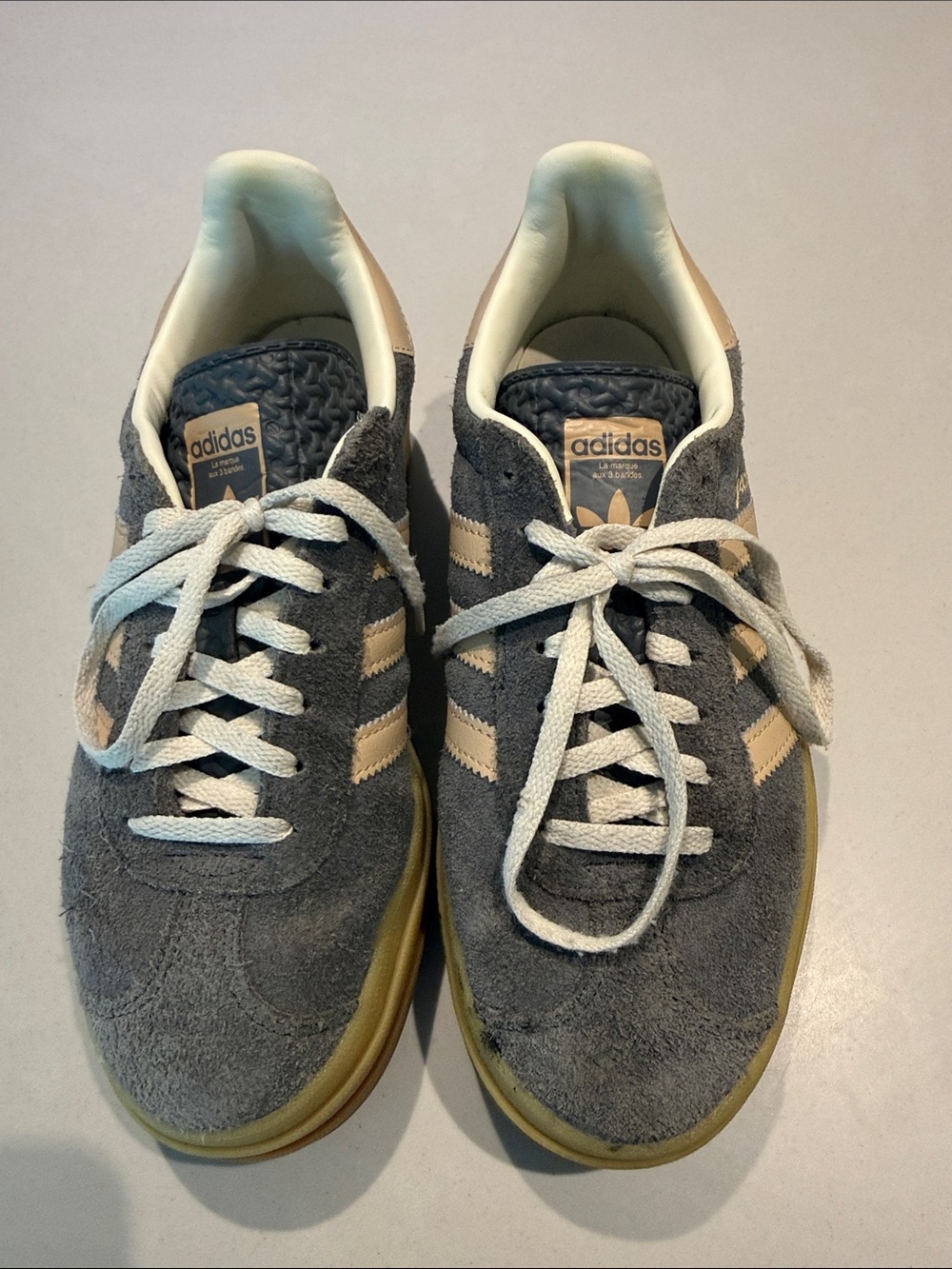 adidas Men’s Gray Suede Sneakers with Cream Stripes